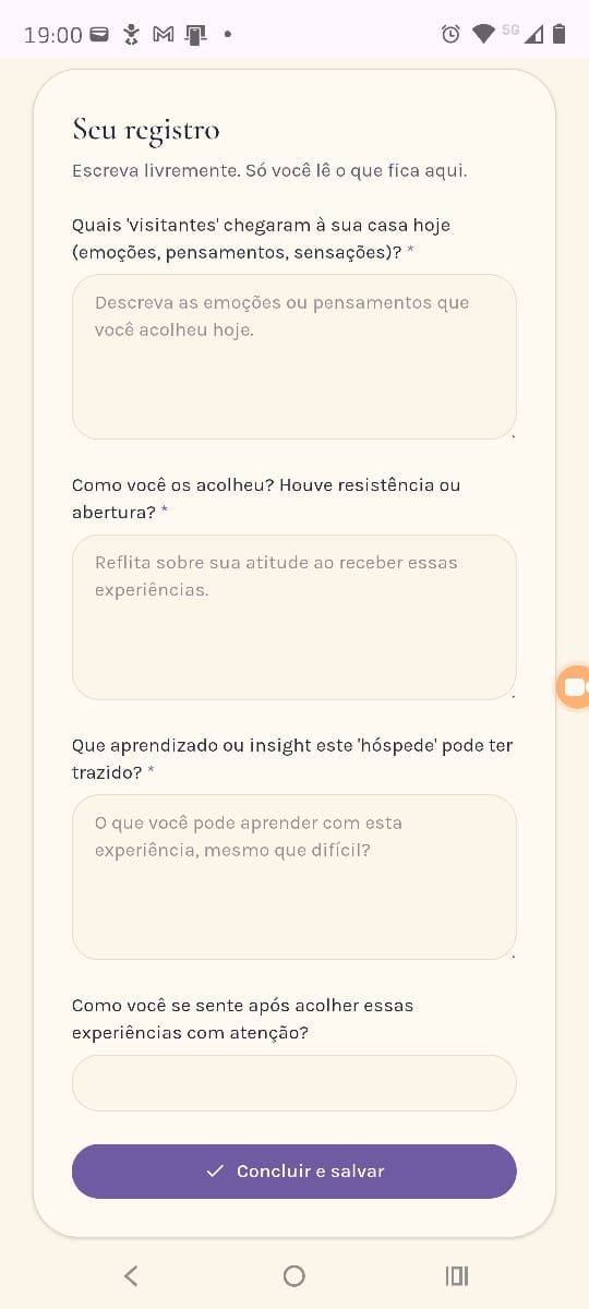 Tela de registro pessoal da prática