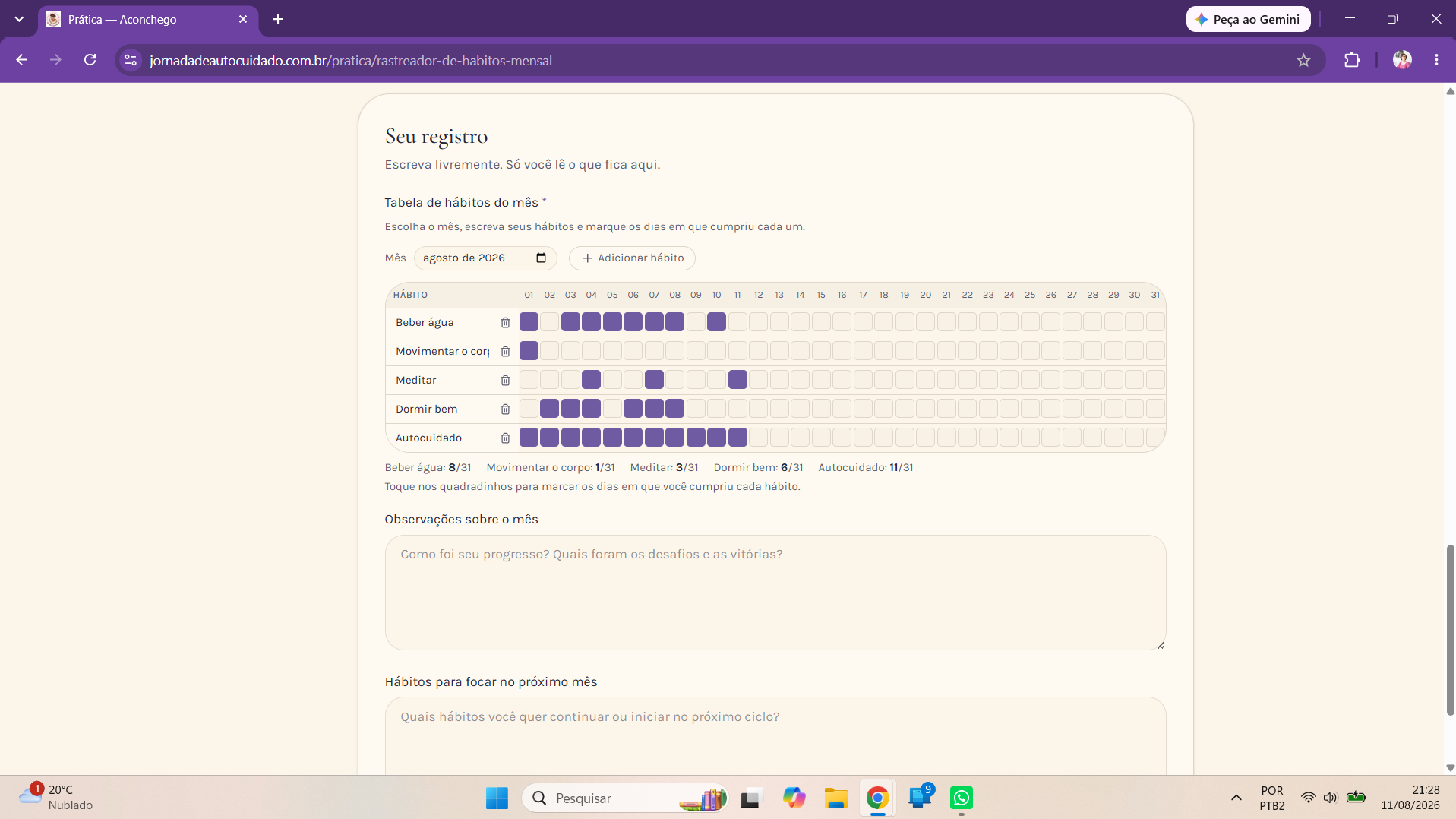 Tabela de hábitos do mês aberta no computador