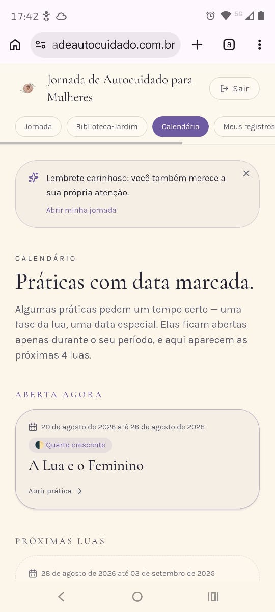 Calendário de práticas no celular
